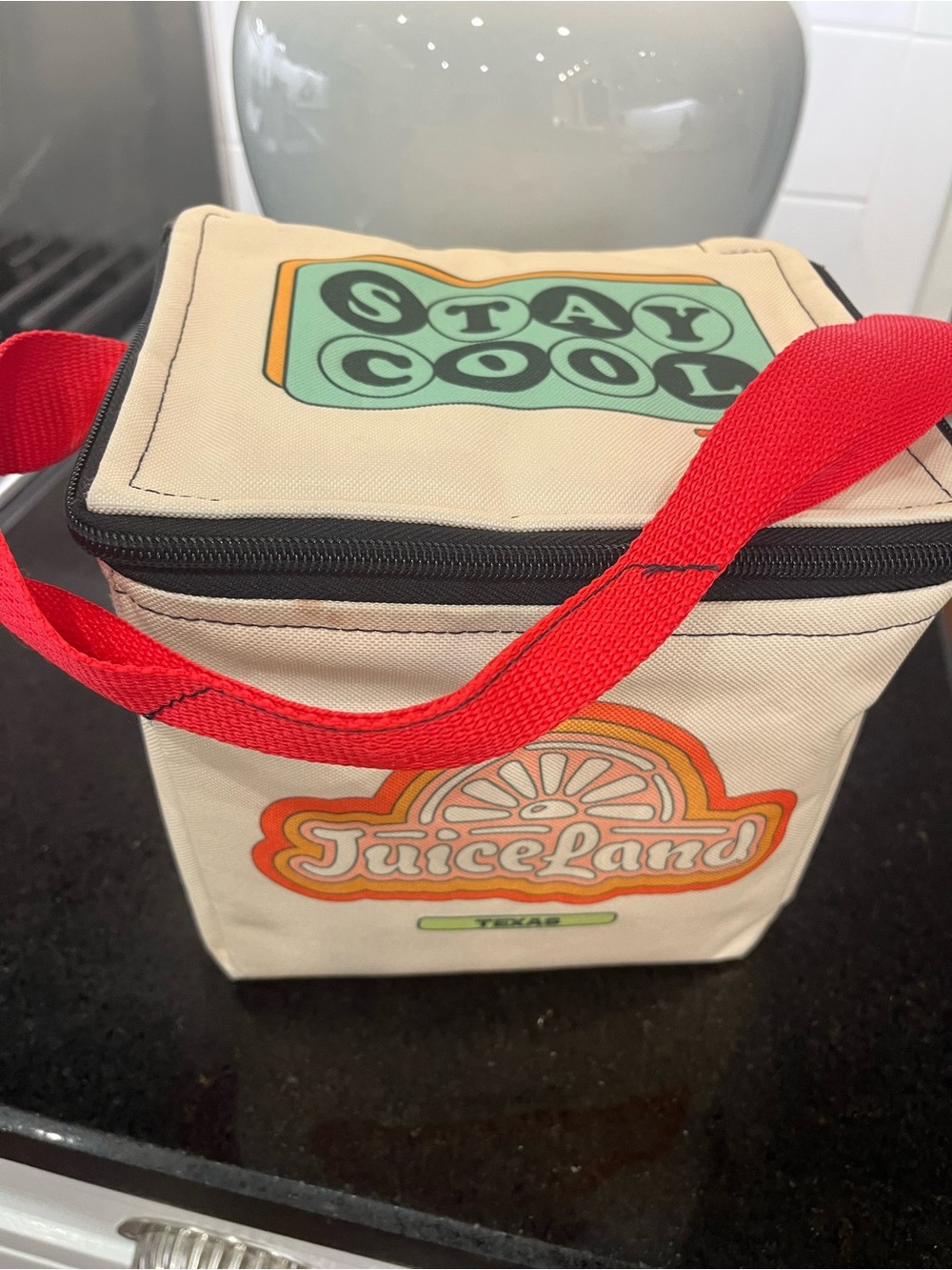 Stay Cool Insulated Lunch Bag in Cream with Red Strap